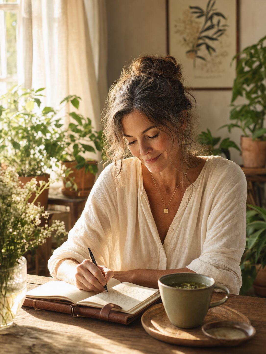 Serene wellness portrait — woman with healthy glowing skin in natural light
