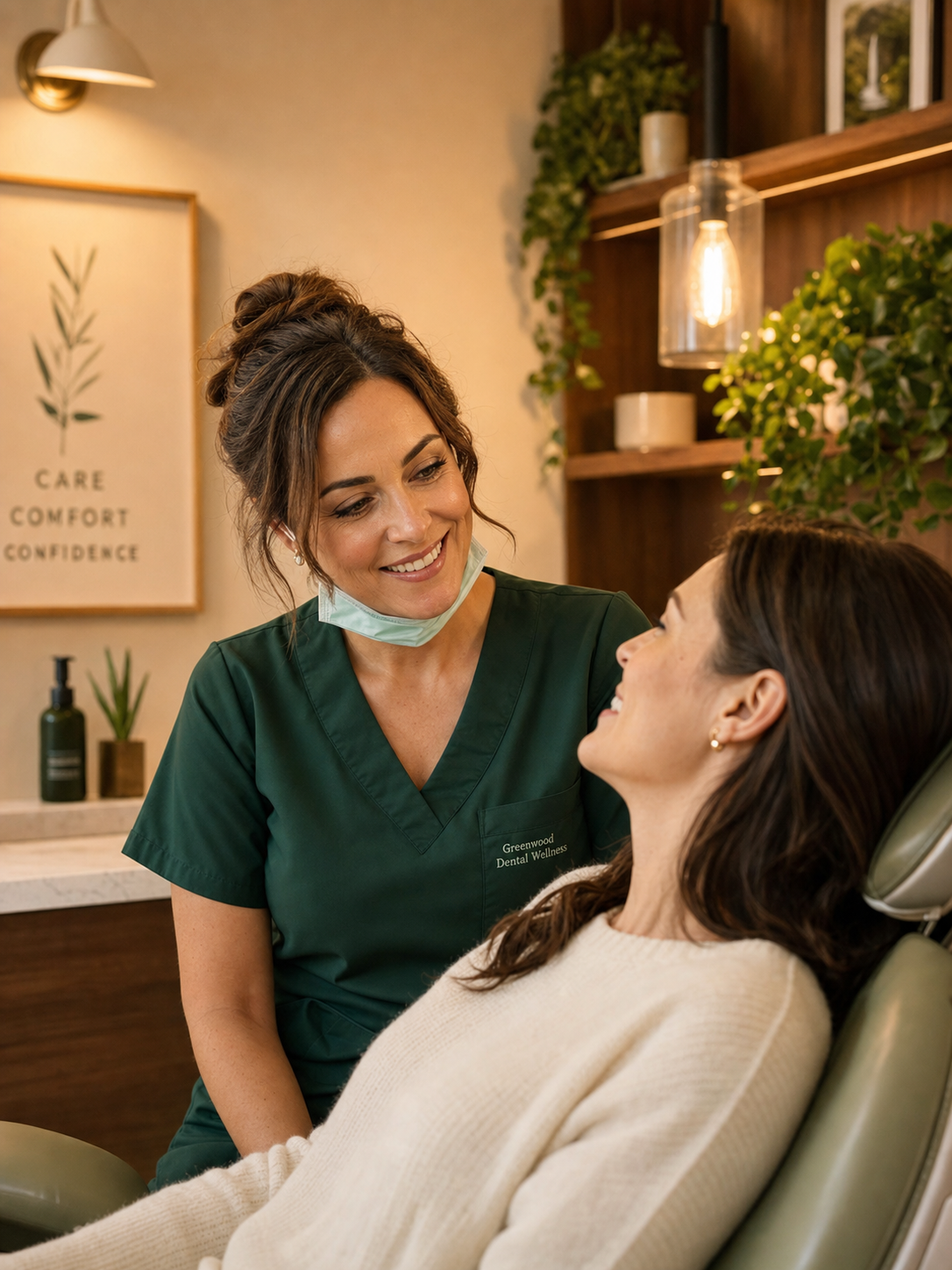 Holistic dental hygiene treatment in a spa-like clinical setting with forest green scrubs